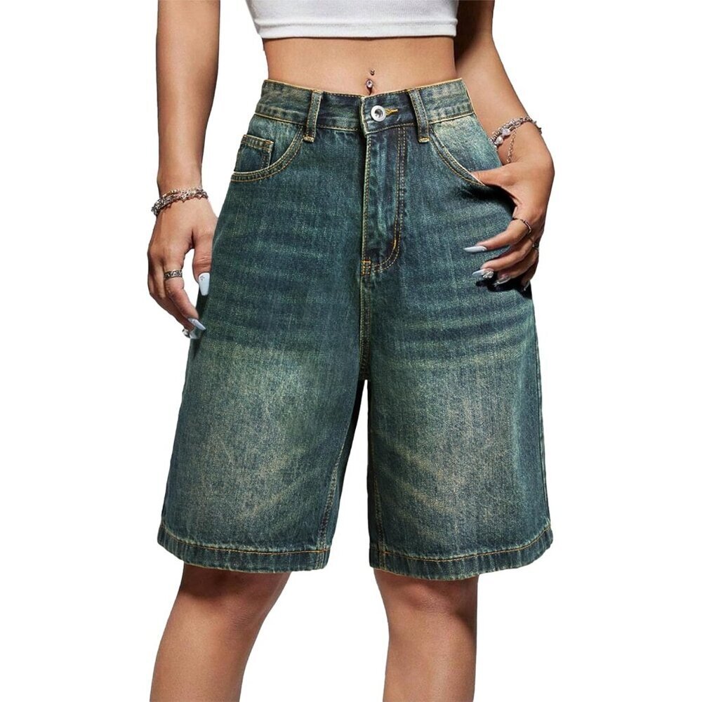 Women Denim Jorts Shorts Mid-Low Waisted Baggy Casual Beach Summer